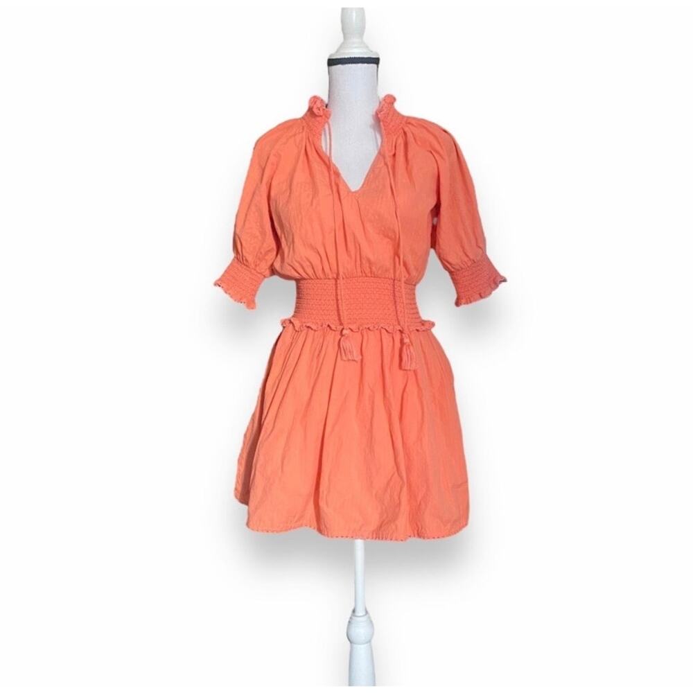 Roller Rabbit Pau Fiorella Smocked Mini Dress Fits XS/S Orange Puff Sleeve Boho